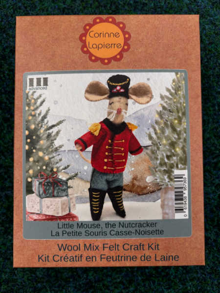 Corinne Lapierre Little Mouse the Nutcracker felt kit showing a mouse in a red soldier’s jacket, black hat and tall black boots.