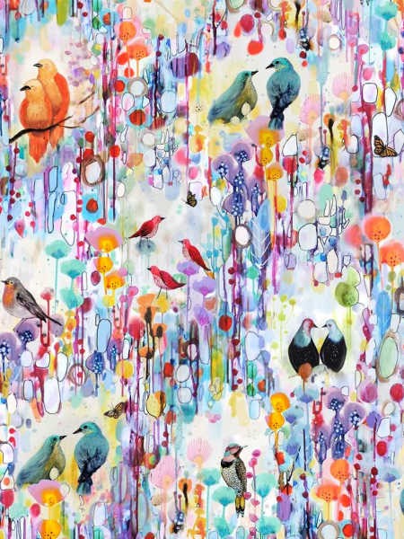 Tree of Life Colourful Birds quilting fabric by P&B Textiles featuring orange, red, blue and green birds amongst vibrant watercolour flowers.