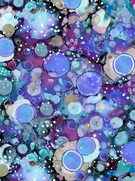 Tree of Life Blue Purple Bubbles quilting fabric by P&B Textiles featuring blue, violet, turquoise and lavender circles with scattered white speckles.