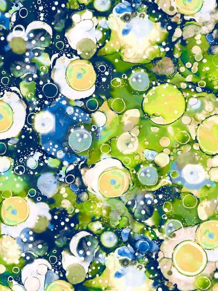 Tree of Life Green Blue Bubbles quilting fabric by P&B Textiles featuring lime green, navy blue and yellow watercolour circles with white speckles.
