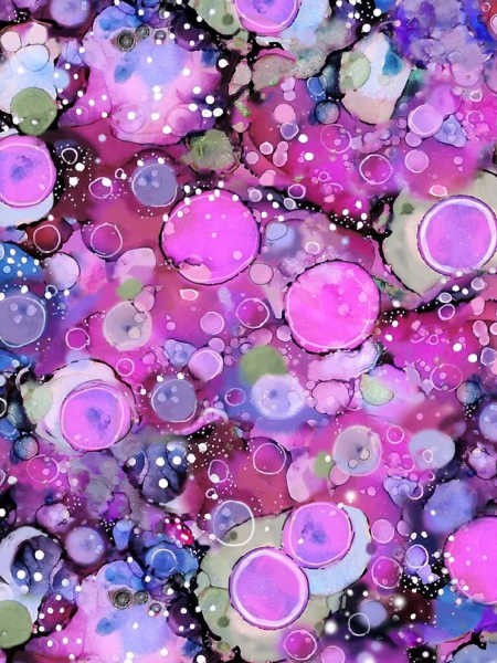 Tree of Life Pink and Purple Bubbles quilting cotton by P&B Textiles featuring vibrant pink, purple and lavender circles with blue and green accents.