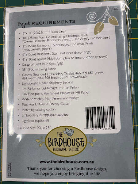 Back of The Birdhouse Little Mouse Santa Sack sewing pattern, showing fabric requirements, supplies and finished size, available from Patchwork Dreamer, UK.