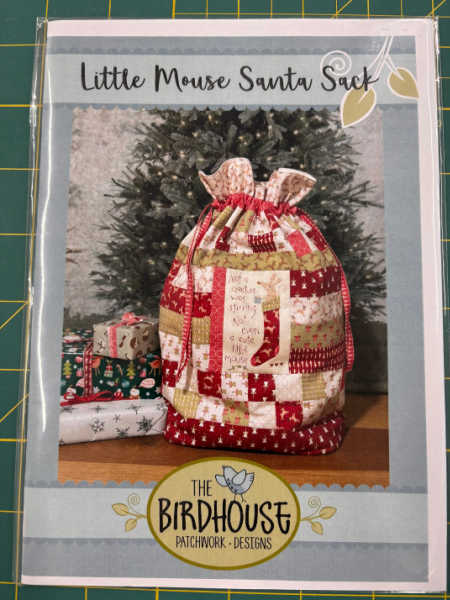 Little Mouse Santa Sack pattern by The Birdhouse, showing a red and cream patchwork Christmas sack, available from Patchwork Dreamer, UK.
