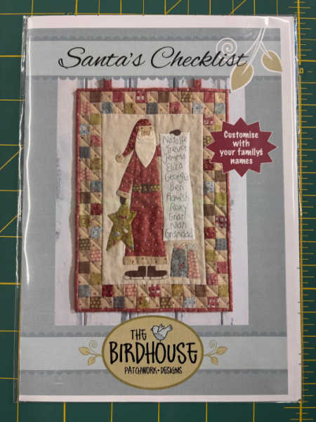 Santa’s Checklist pattern by The Birdhouse, showing a personalised Santa appliqué wall hanging, available from Patchwork Dreamer, UK.