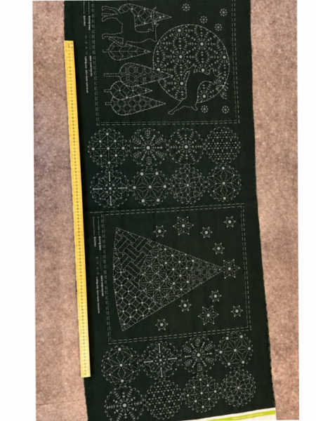 Full dark green Christmas sashiko panel with deer, trees and circular stitching designs, available from Patchwork Dreamer UK.