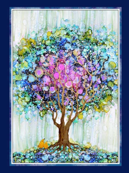 Tree of Life by P&B Textiles 36-inch quilting fabric panel featuring a colourful tree with blue, purple and pink foliage and small birds.