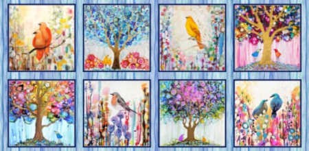 Tree of Life fabric panel by P&B Textiles featuring eight colourful bird and tree blocks in vibrant pink, blue, purple, orange and green.