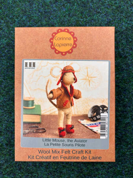Corinne Lapierre Little Mouse the Aviator wool mix felt sewing kit with mouse wearing a brown flying jacket, aviator hat and red boots.